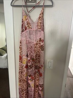 Free People Pink Floral Paisley Lace-Trim Slip